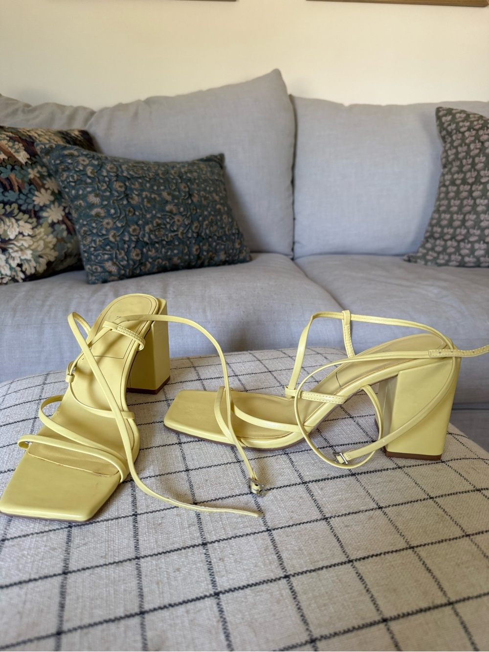 Zara Pale Yellow Strappy Block Heel Sandals